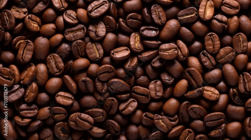 An overhead view of a background filled with freshly roasted coffee beans  showcasing the rich texture and inviting aroma of this essential coffee element.