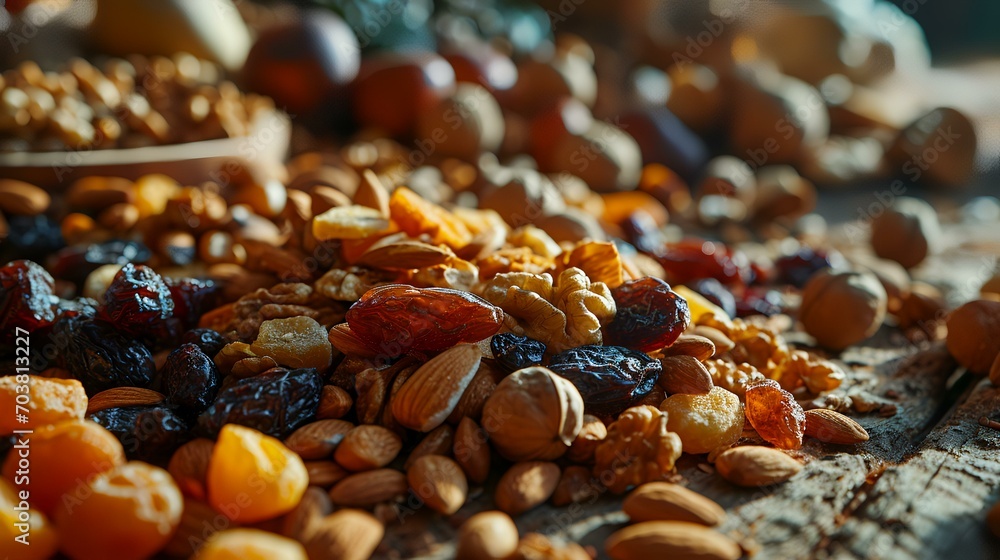 Mix of dried fruits, nuts and raisins close-up Mix of dried fruits, nuts and raisins close-up
