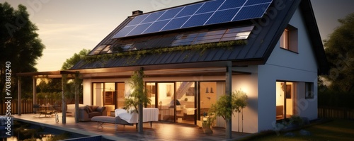  Photovoltaic solar panels installed on the roof of a house, harnessing renewable energy from the sun to generate electricity.