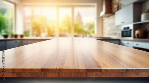 Serene Modern Home Interior  Empty Wood Table Top with Beautiful Bokeh Background