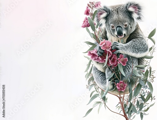 Koala Art, cute Australian animal with eucalyptus branch and exotic flowers. Watercolour pencils drawing technique. Empty space for text. AI generated digital design. 