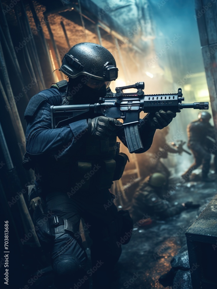 Special forces soldier in black uniform aiming gun in dark alley Special forces soldier in black uniform aiming gun in dark alley