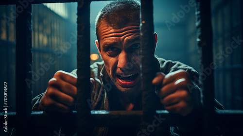 Fotografia Angry male inmate confined behind bars desperately asking to released from custo