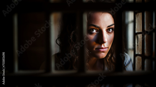 Sorrowful female inmate sad behind bars desperately asking to released from custody symbolizing quest for fairness, treacherous criminal woman in prison embodies societal threat