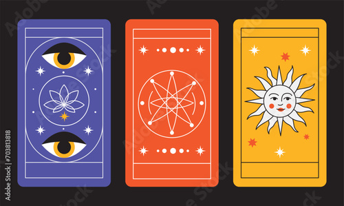 Magical tarot cards deck set. Spiritual moon and celestial eye symbols. Vector illustration. Astrology or sacred geometry poster design. Magic occult pattern, esoteric boho modern style isolated