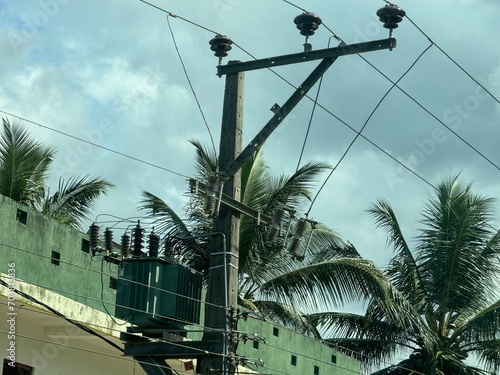 electricity pole and transformer standard power supply line at rural town on Sri Lanka 