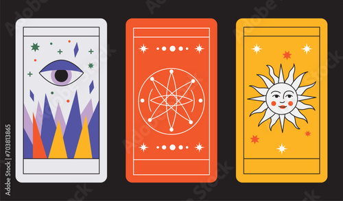 Magical tarot cards deck set. Spiritual moon and celestial eye symbols. Vector illustration. Astrology or sacred geometry poster design. Magic occult pattern, esoteric boho modern style isolated