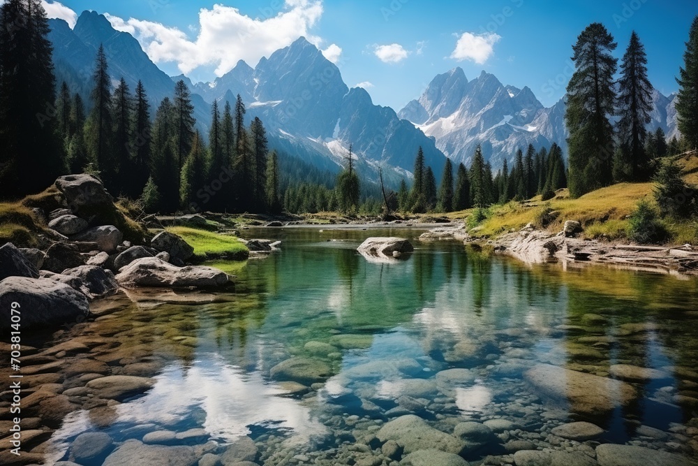 Stunning mountain river landscape with crystal clear water and lush greenery