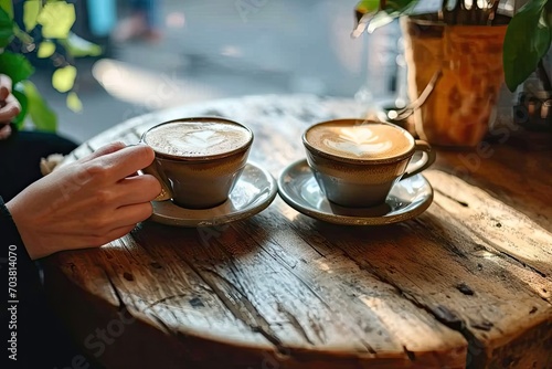 Morning bliss. Perfectly poured cappuccino in stylish mug resting on wooden cafe table capturing essence of cozy breakfast or refreshing coffee break with delightful aroma and creamy artistic foam