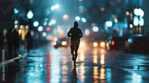 man running on the city at night. photo