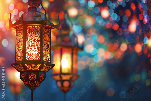 Arabic lantern of ramadan kareem background, islamic holy month and happy ramadan mubarak with festive lighting background.
