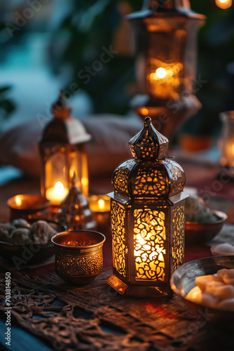 Arabic lantern of ramadan kareem food iftar, islamic holy month and happy ramadan mubarak with festive lighting background.