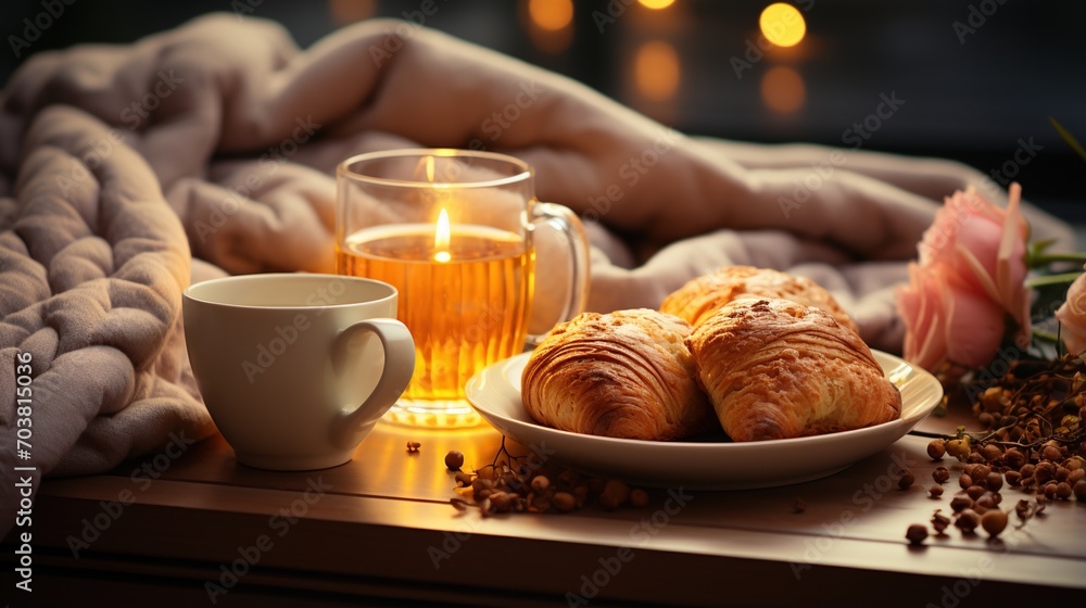 Still life with croissants, tea, and a rose Still life with croissants, tea, and a rose