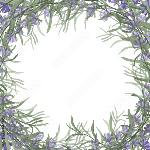 Fototapeta Naklejka Na Ścianę i Meble -  Floral purple-lavender border made of lavender flowers and leaves, for the design of postcards, invitations, banners, packaging and wallpaper. A frame for your design. Vector illustration