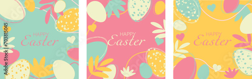 easter card with eggs with flowers set . flat minimalistic illustration modern style square postcards, poster, ad. pink, green, gold colors 