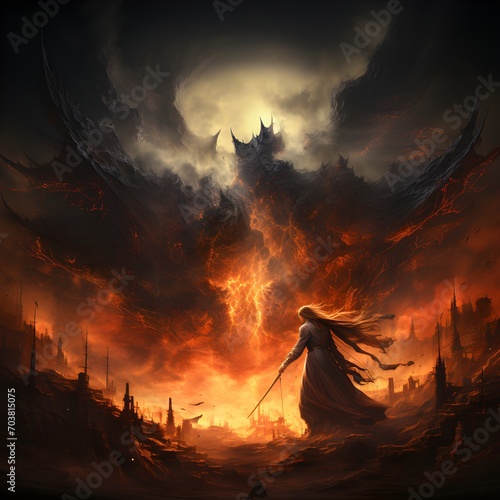 An angel battling a demon in a fiery landscape photo