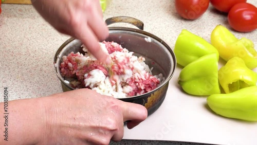 Preparation of minced meat for filling stewed stuffed sweet bell peppers. Step-by-step cooking video recipe. Culinary master class on home cooking. photo