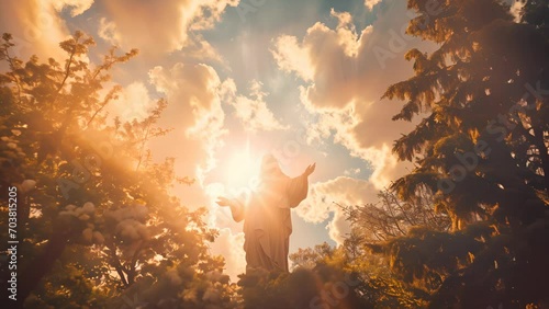 Backlit statue of a religious figure with outstretched arms, framed by trees against a dramatic sky, conveys a sense of inspiration or divine presence photo