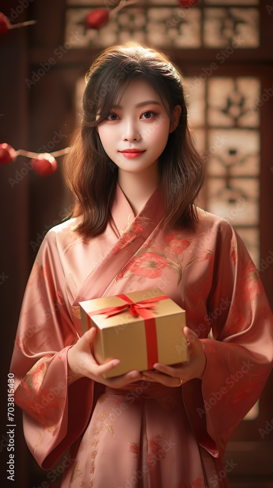 Smiling beautiful Asian woman holding gift on Chinese New Year with Chinese background. Generative Ai Smiling beautiful Asian woman holding gift on Chinese New Year with Chinese background. Generative Ai