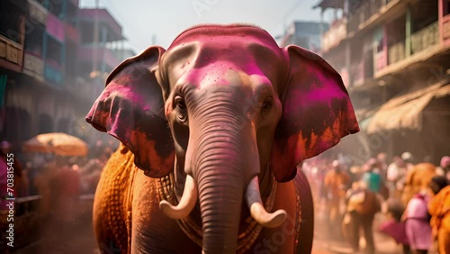 A decorated elephant covered in vibrant pink powder walks through a bustling street during a colorful festival celebration photo