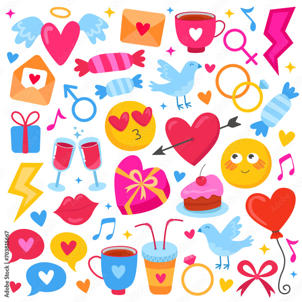 Valentines day doodles set. Colorful icons of love and romantic theme. Hearts, smiles, candies, rings, birds. A collection of cartoon cute colorful illustrations for Valentine's day and wedding. Valentines day doodles set. Colorful icons of love and romantic theme. Hearts, smiles, candies, rings, birds. A collection of cartoon cute colorful illustrations for Valentine's day and wedding.
