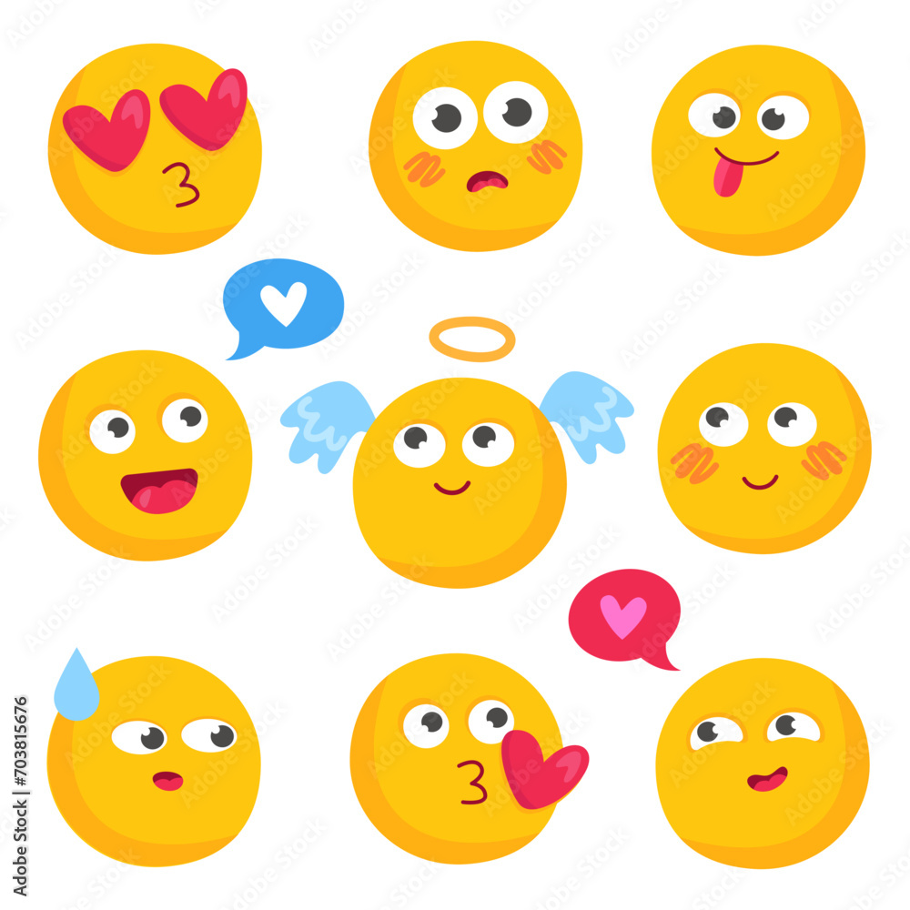 Emoji face set. Colorful emoji of love and romantic theme. Different emotions. Love, romantic, angel, confused, shy, smile, kiss, crazy, astonishment.  Cute childish funny colorful illustrations. 