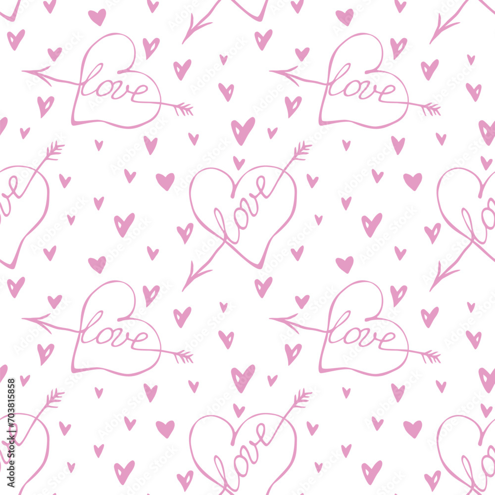 Vector seamless pattern of pink hearts with an arrow and lettering love. Hand drawn texture, background for wrapping paper, greeting card, Valentine's day, wedding, declaration of love