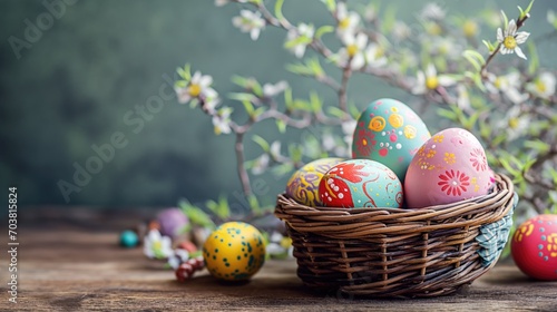 Festive Easter Decor: Colorful Painted Eggs in Basket on Rustic Wooden Table with Ample Copy Space