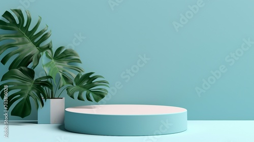 Modern Blue Cylinder Podium with Circular Monstera Deliciosa Plant in Minimalist Studio Setting – 3D Rendering for Creative Presentation and Design Showcase
