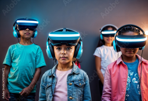 one child took off his virtual reality helmet among other children wearing helmets
