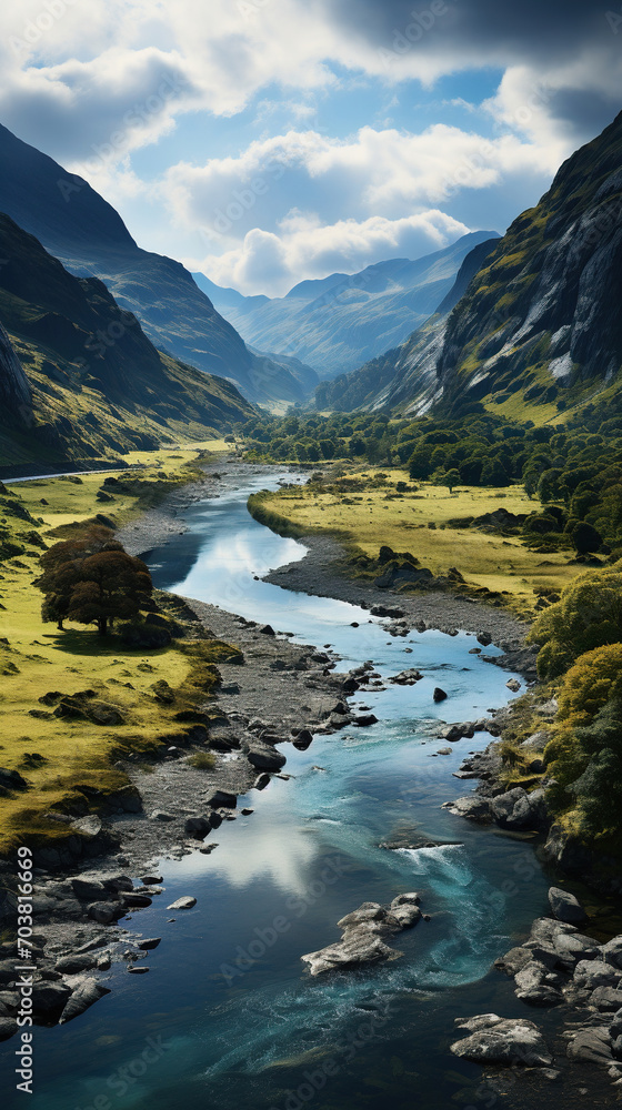 A Serene Valley: The Dance of Light and Shadow over Lush Greenery and Winding River