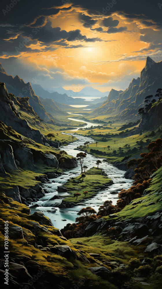 A Serene Valley: The Dance of Light and Shadow over Lush Greenery and Winding River