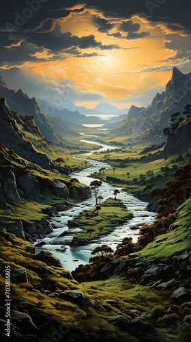 A Serene Valley: The Dance of Light and Shadow over Lush Greenery and Winding River