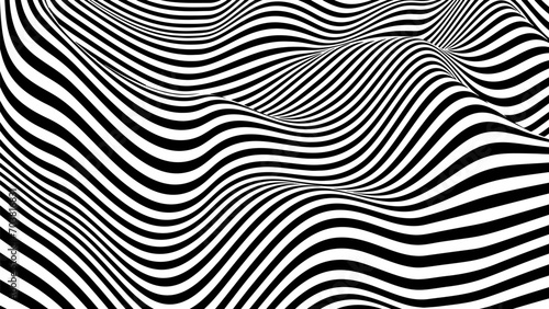 Optical illusion op art wavy background with black and white stripes texture.