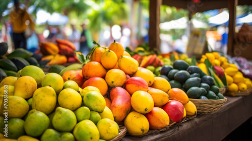 Close up shot of juicy fresh fruits and vegetables on a farmers market