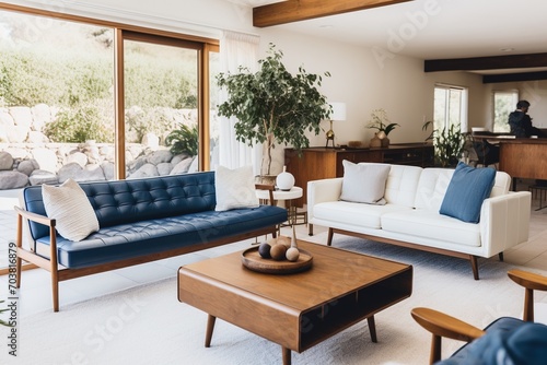 Mid-century modern living room with blue and white sofas and a large tree © Adobe Contributor
