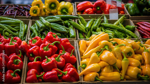 Close up shot of juicy fresh fruits and vegetables  on a farmers market