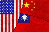 USA, Taiwan and China painted flags on a wall with a crack. United States of America, China and Taiwan relations