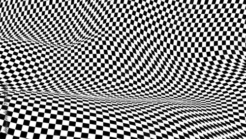 Warped checkered pattern. Optical illusion trippy background. Vector wave checkerboard