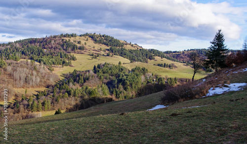 Krajobraz Pienińskiego Parku, wczesna wiosna.