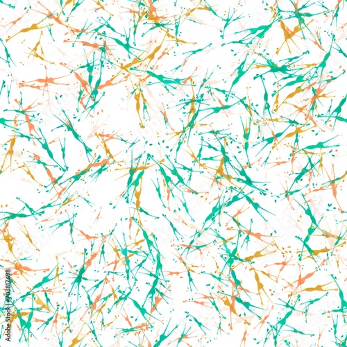 Multicolor random brush strokes on the white background. Thin paint splashes, different size. Greeny blue, light orange and pastel orange colors. Seamless pattern