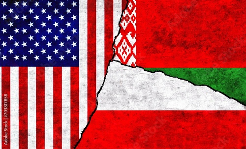 Wallpaper Mural USA, Poland and Belarus painted flags on a wall with a crack. United States of America, Belarus and Poland relations Torontodigital.ca
