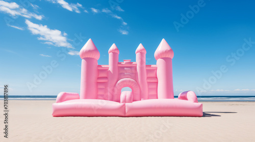 Big Inflatable Pink bounce castle on a sandy beach photo