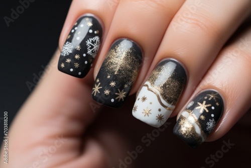 Festive close-up of a woman's winter-themed manicure, adding festive mood and cuteness
