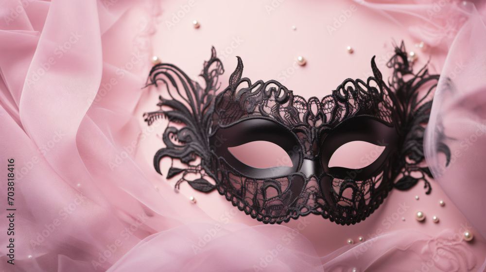 Black elegant lace eye mask lying on pastel paste