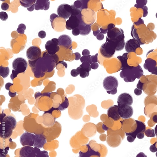Multicolored circles onthe white background. Pale orange, dark purple, melon and coffee colors with reflection efect. Seamless pattern