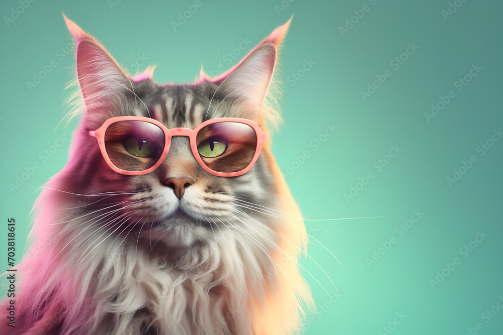 Creative animal concept. Maine Coon cat kitten kitty in sunglass shade glasses isolated on solid pastel background, commercial, editorial advertisement, surreal surrealism
Creative animal concept. Maine Coon cat kitten kitty in sunglass shade glasses isolated on solid pastel background, commercial, editorial advertisement, surreal surrealism