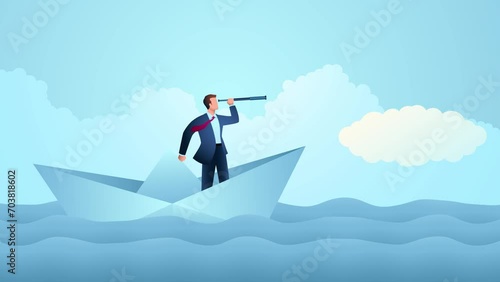 Businessman using a telescope while standing on a small paper boat in the expansive ocean symbolizes the courage to venture into the unknown, vision, exploration, and entrepreneurial spirit photo