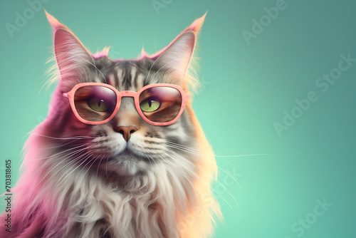 Creative animal concept. Maine Coon cat kitten kitty in sunglass shade glasses isolated on solid pastel background, commercial, editorial advertisement, surreal surrealism 