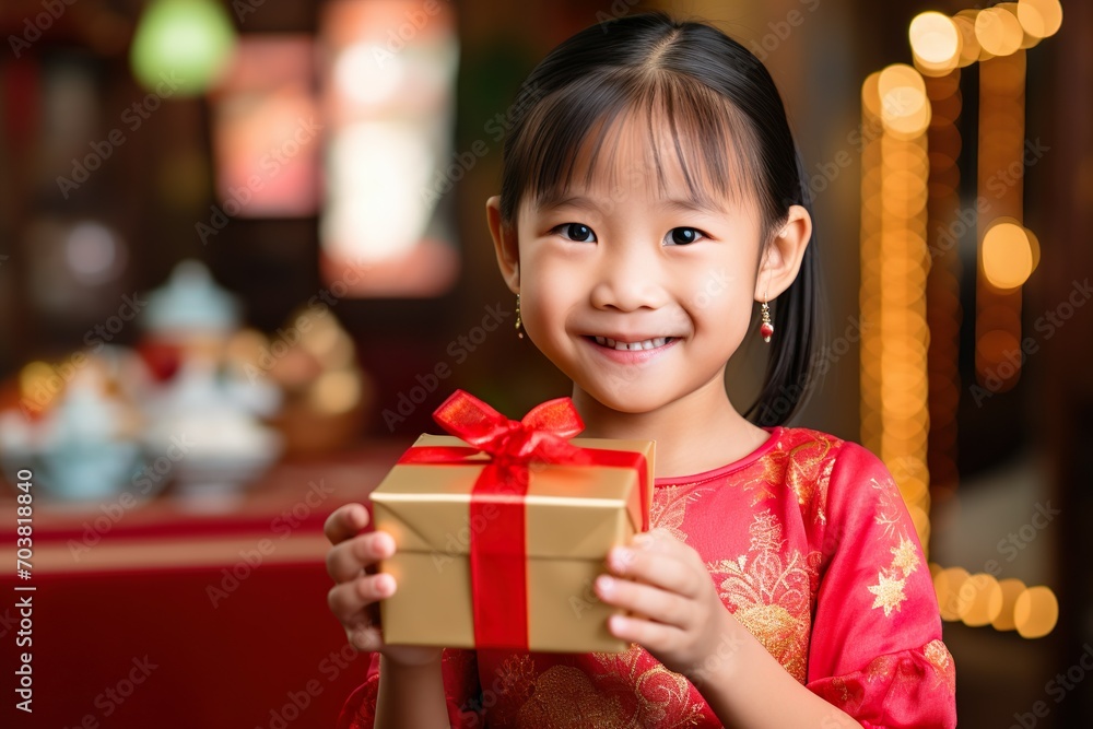 Little Asian girl smile and excited and holding red gift box. Child holding gift box in Chinese New year concept. Generative Ai Little Asian girl smile and excited and holding red gift box. Child holding gift box in Chinese New year concept. Generative Ai